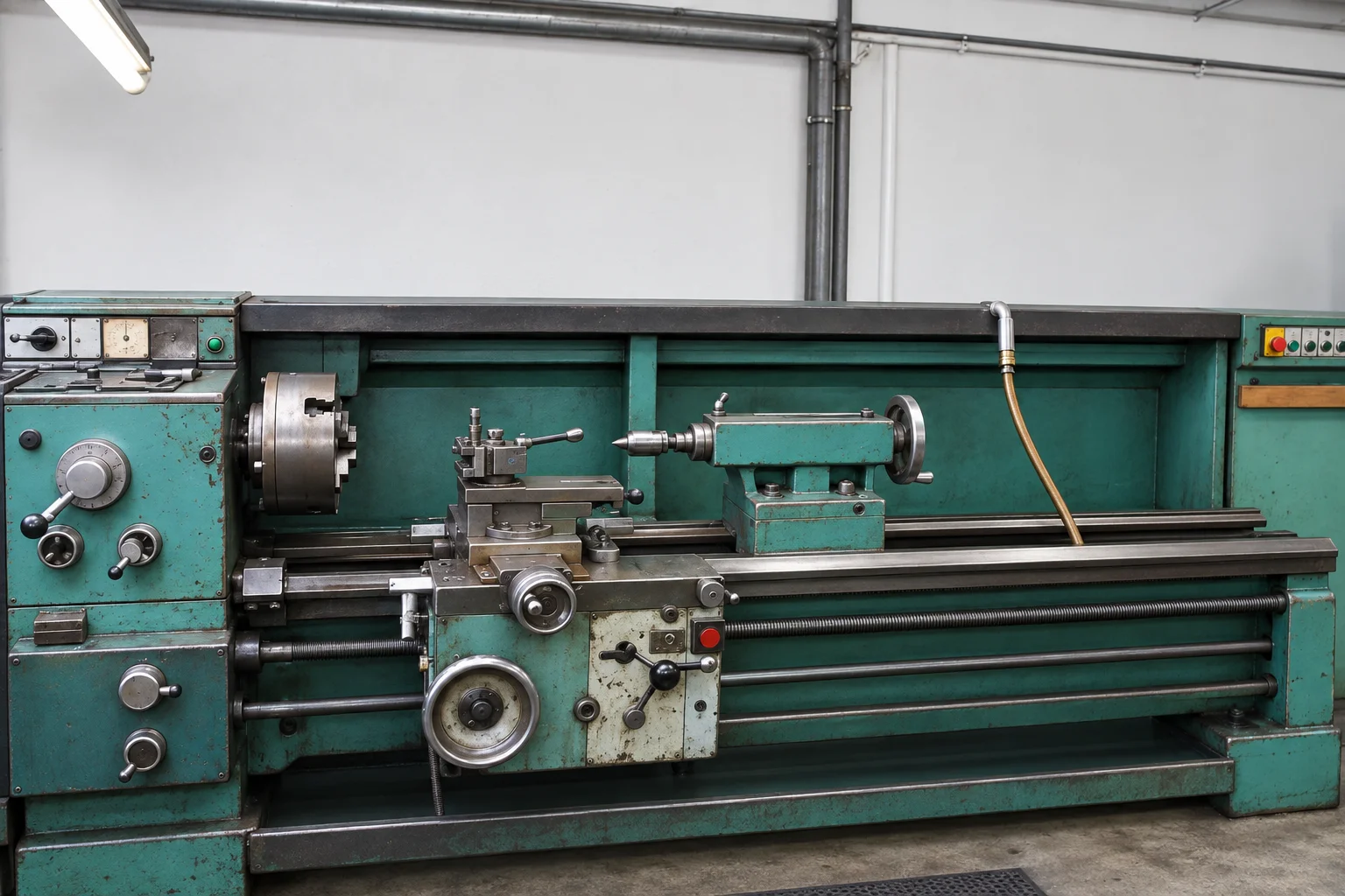 Konventionelle Drehmaschine mit Spannfutter, Reitstock und langem Maschinenbett