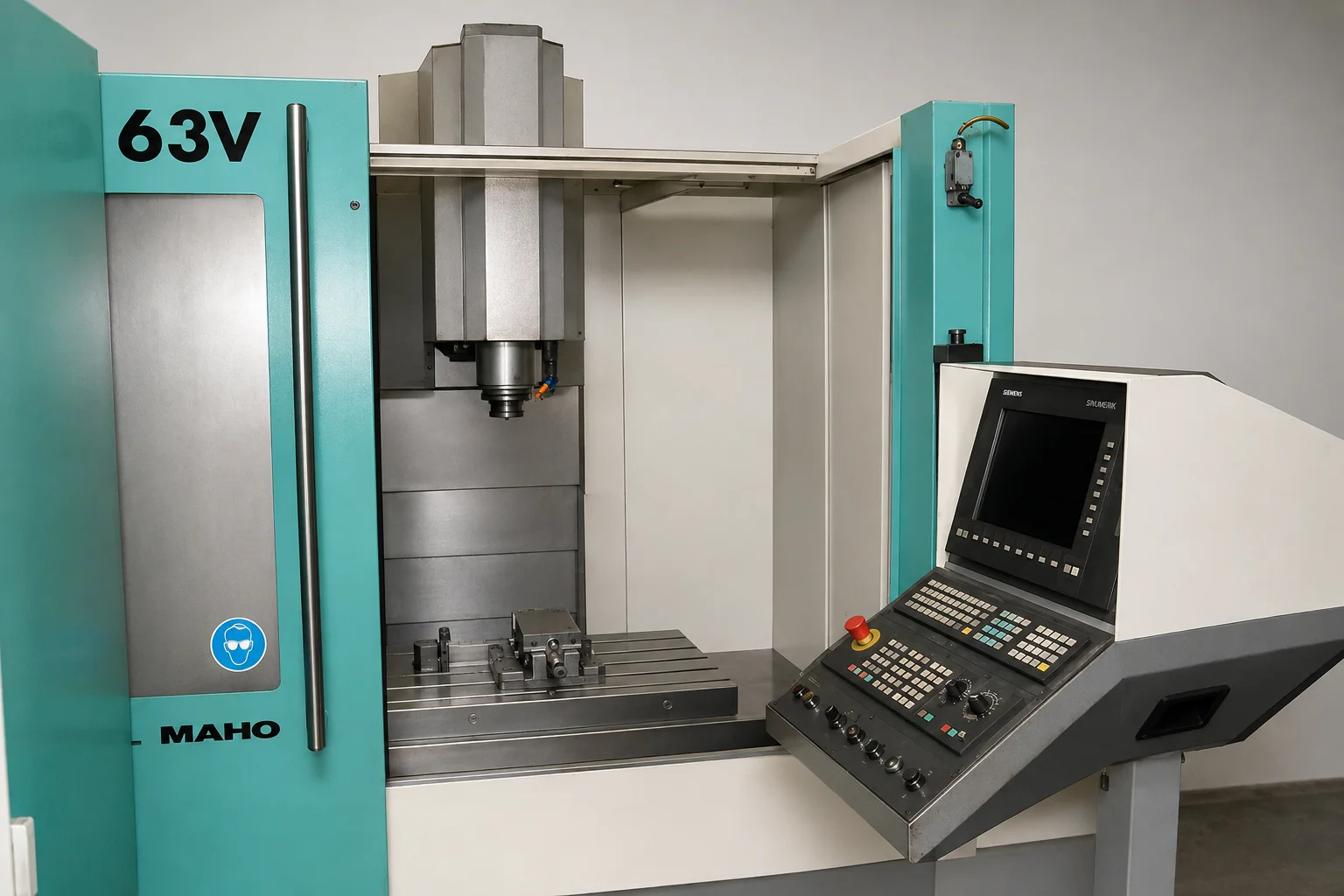 CNC-Fräsmaschine MAHO 63V mit Frässpindel über dem Aufspanntisch und Steuerpult