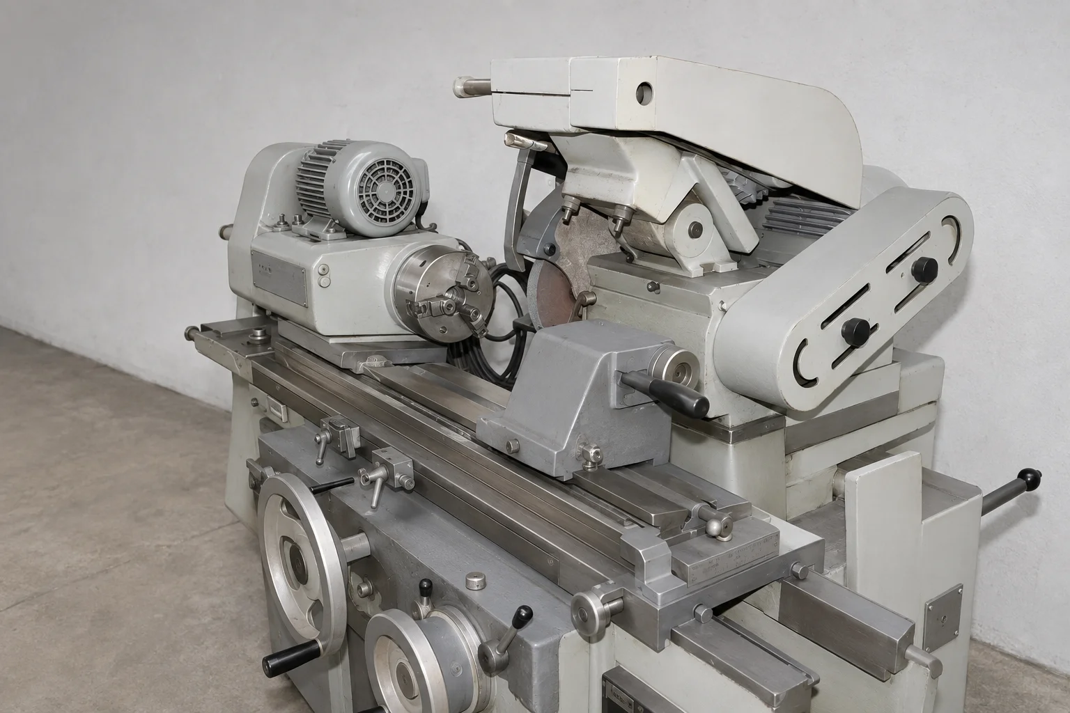 Schleifmaschine mit rotierender Schleifscheibe und Werkstückaufnahme auf dem Maschinenbett